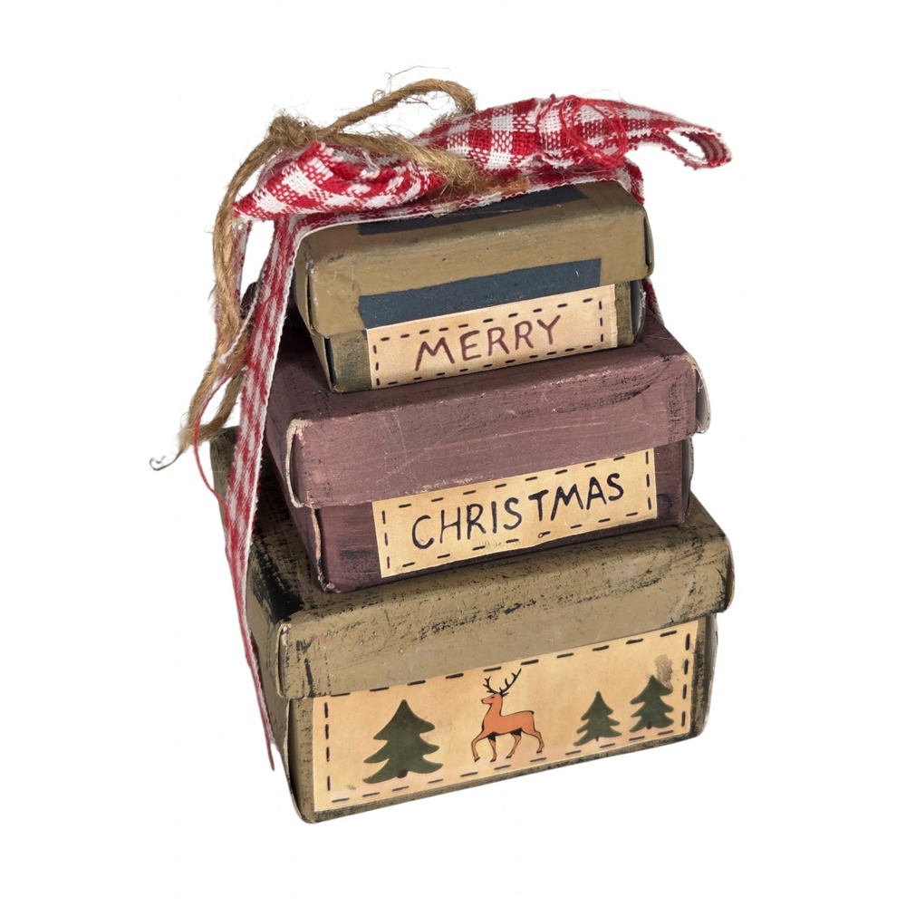 Primitive Merry Christmas Stacked Boxes Rustic Farmhouse Holiday Decor Reindeer